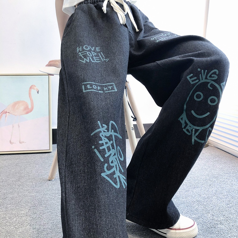Plus-size Wide-leg Graffiti Jeans For Women, Boyfriend Style, Straight Cut, Elastic Waist, Loose-fit Pants, Trendy_voghion.com