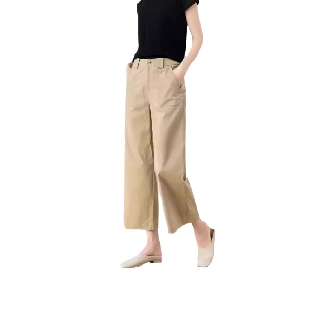 Washed Cotton Casual Workwear Suit For Women, Summer Thin Loose Slimming High-waisted Drapey Cropped Straight Wide-leg_voghion.com