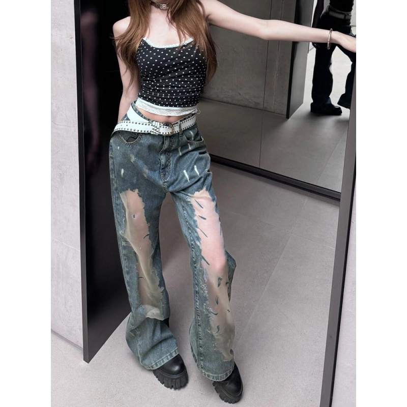 American-style Retro Washed Ripped Jeans For Women, Summer Design With Hollow-out Details And Distressed Texture,_voghion.com