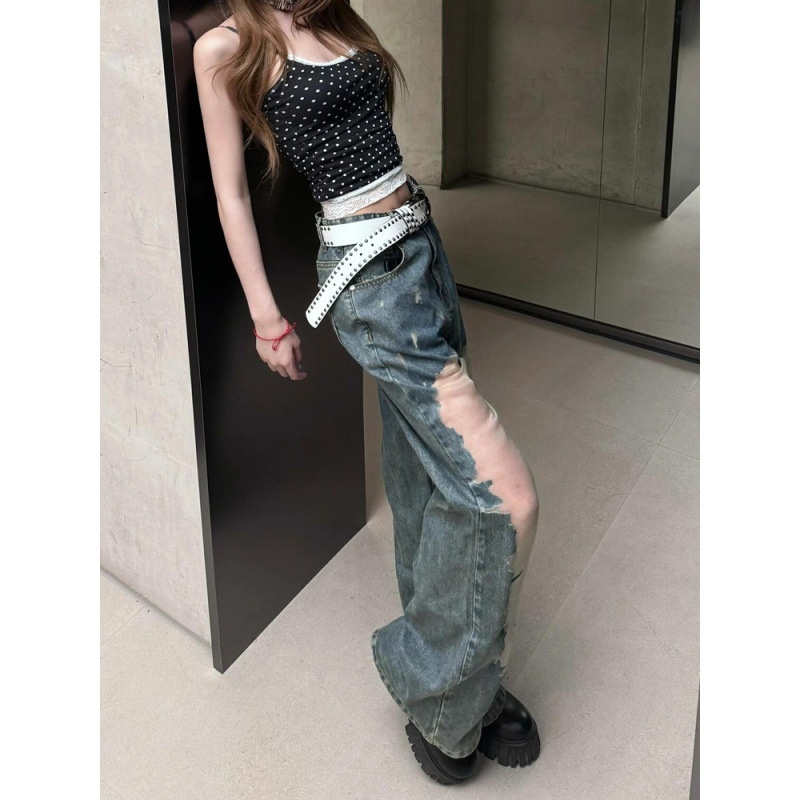 American-style Retro Washed Ripped Jeans For Women, Summer Design With Hollow-out Details And Distressed Texture,_voghion.com