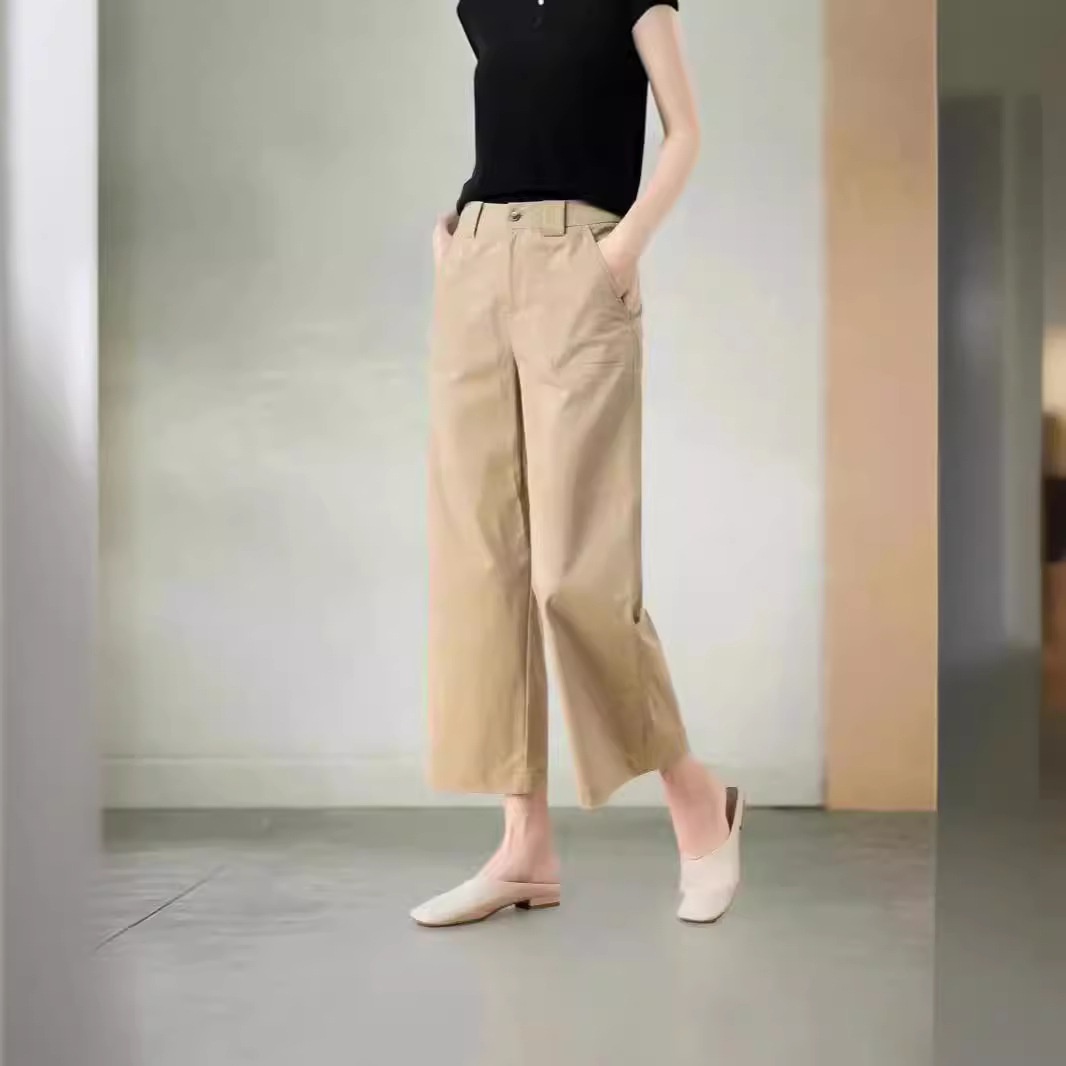 Washed Cotton Casual Workwear Suit For Women, Summer Thin Loose Slimming High-waisted Drapey Cropped Straight Wide-leg_voghion.com