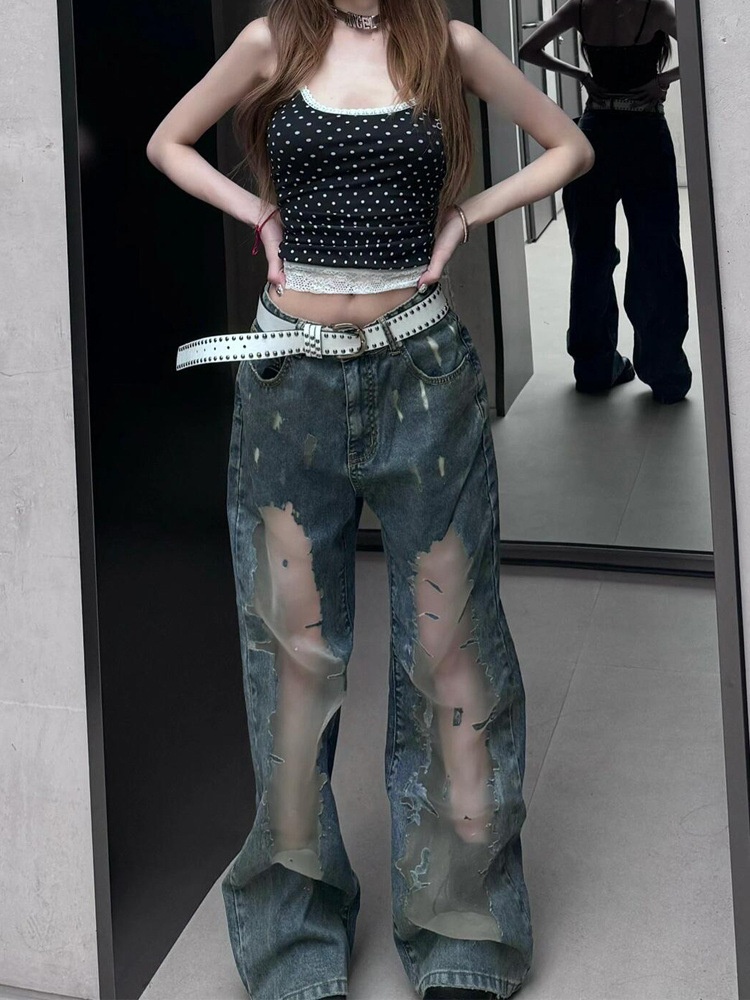 Retro Women's Washed Ripped Jeans With Distressed Hollow Details_voghion.com