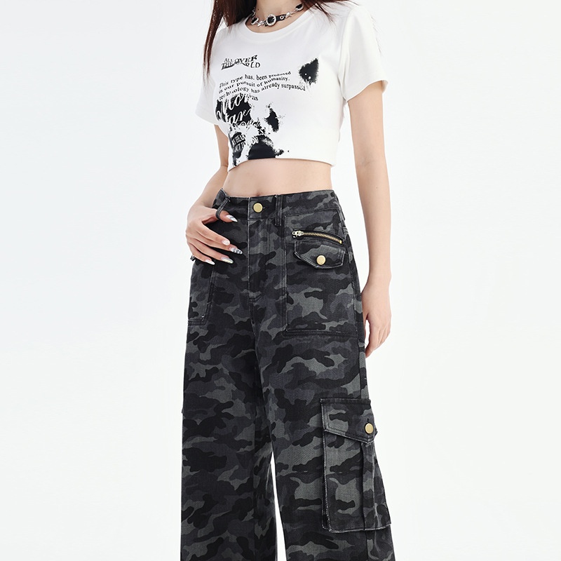 Amerikanischer Stil, witzige Camouflage-Cargohose mit weitem Bein für Damen, Herbst 2024, hochgeschnitten, locker, figurformend, gerader Schnitt_voghion.com