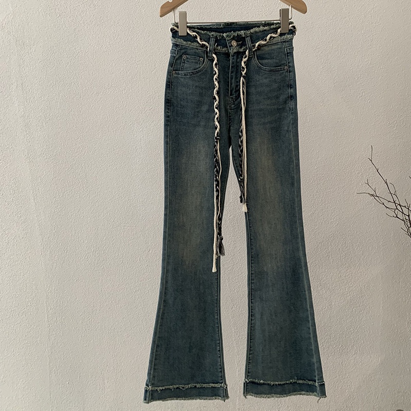 Omalai Washed Raw Edge Slightly Flared Jeans For Women, New Autumn/Winter High-Waisted Slimming Bell-Bottom Pants With_voghion.com