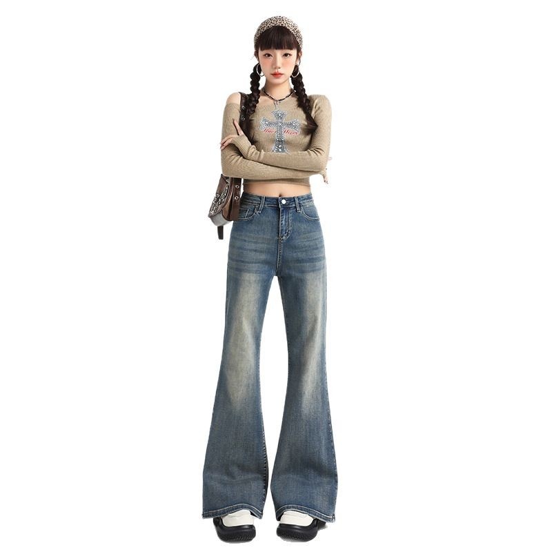 Schlagjeans mit hoher Taille, die nicht am Bein anliegt, für Damen, neues Herbstdesign, weit geschnittene, lockere, schlankmachende Bootcut-Hose_voghion.com