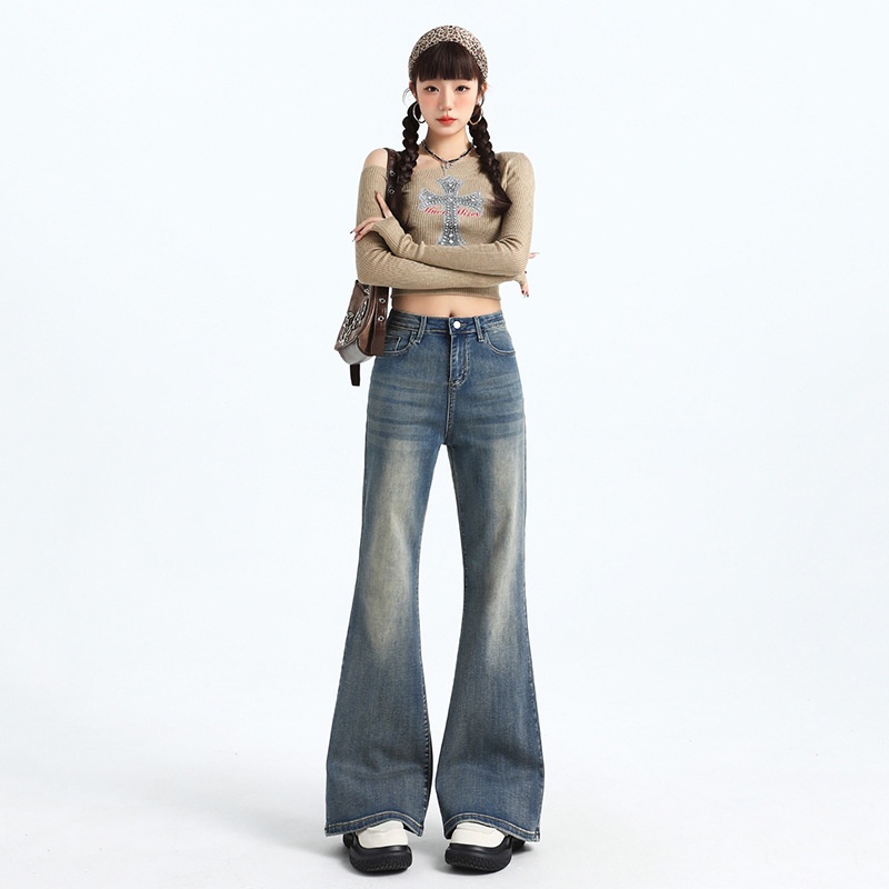 Schlagjeans mit hoher Taille, die nicht am Bein anliegt, für Damen, neues Herbstdesign, weit geschnittene, lockere, schlankmachende Bootcut-Hose_voghion.com