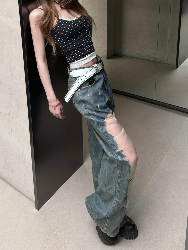 Retro Women's Washed Ripped Jeans With Distressed Hollow Details_voghion.com