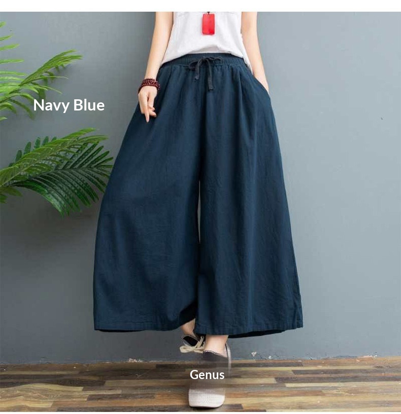 Women's Wide Leg Cotton Linen Cropped Capris Casual Summer Pants_voghion.com