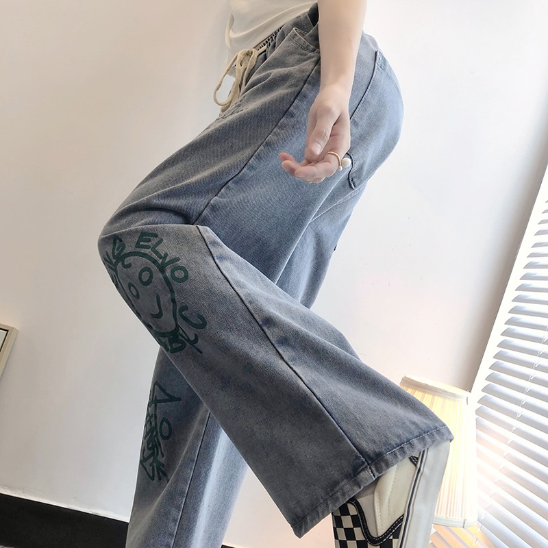 Plus-size Wide-leg Graffiti Jeans For Women, Boyfriend Style, Straight Cut, Elastic Waist, Loose-fit Pants, Trendy_voghion.com