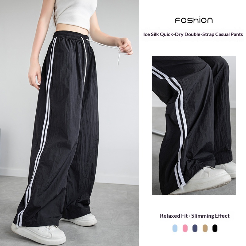 Women's Ice Silk Quick-Dry Cargo 2026 Spring Dopamine Loose Casual Striped Thin Sports Wide-Leg Paratrooper Pants_voghion.com