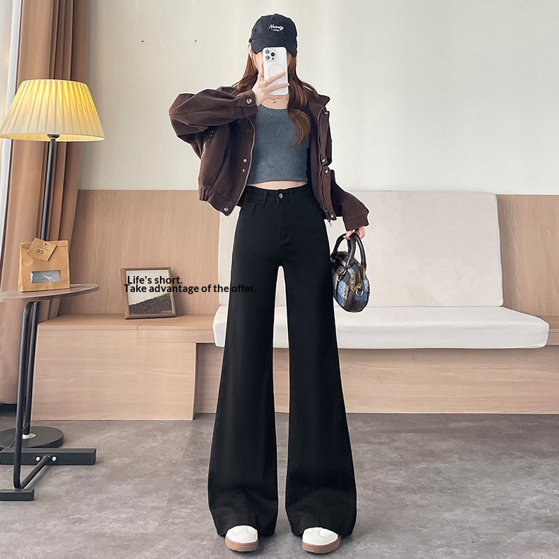 2583 Fleece-lined Bell-bottom Jeans For Women, Autumn And Winter 2025 New Style, Loose Retro Design, Floor-length Pants_voghion.com