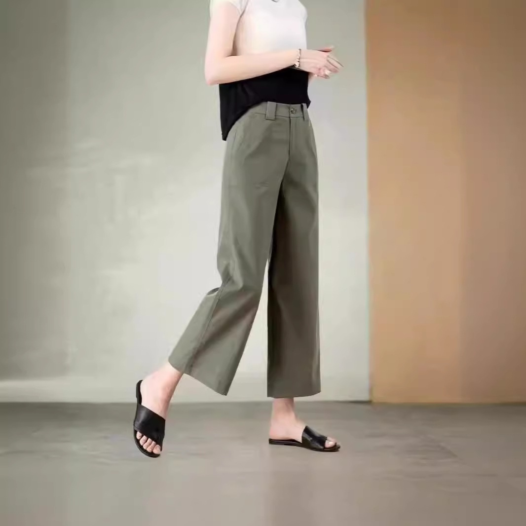 Washed Cotton Casual Workwear Suit For Women, Summer Thin Loose Slimming High-waisted Drapey Cropped Straight Wide-leg_voghion.com