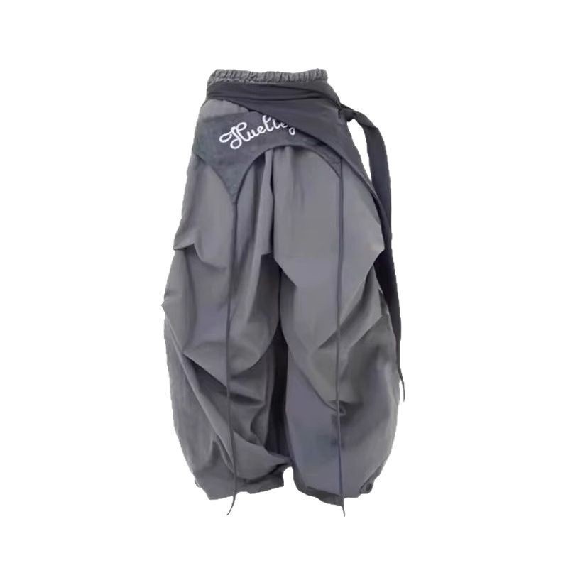 Pantalones deportivos casuales elegantes con pernera ancha y cinturón, estilo urbano americano, para mujer, primavera 2025, serie gris._voghion.com