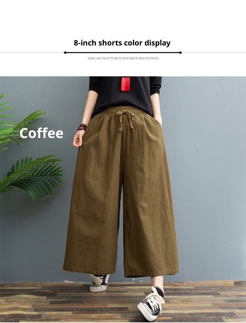 Women's Wide Leg Cotton Linen Cropped Capris Casual Summer Pants_voghion.com