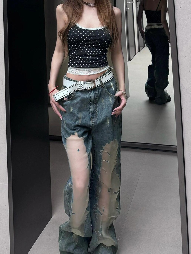Retro Women's Washed Ripped Jeans With Distressed Hollow Details_voghion.com