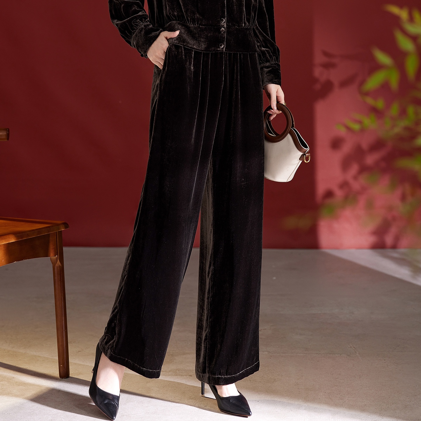 Nieuwe herfst/winter damesbroek van fluweel met wijde pijpen, hoge taille, afslankend effect, plus size, rechte pijpen van moerbeizijde, casual_voghion.com