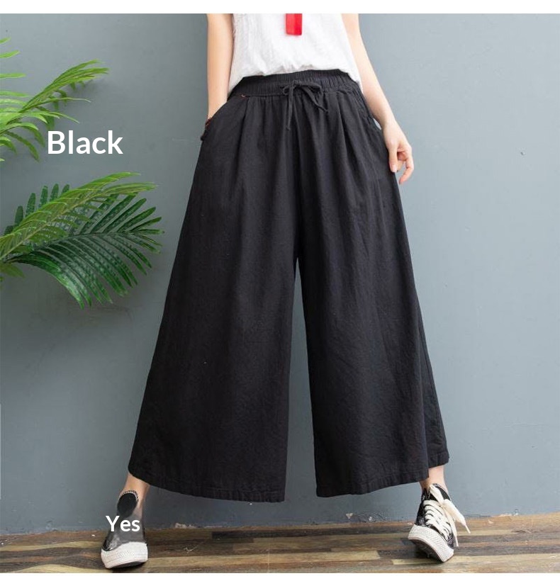 Women's Wide Leg Cotton Linen Cropped Capris Casual Summer Pants_voghion.com