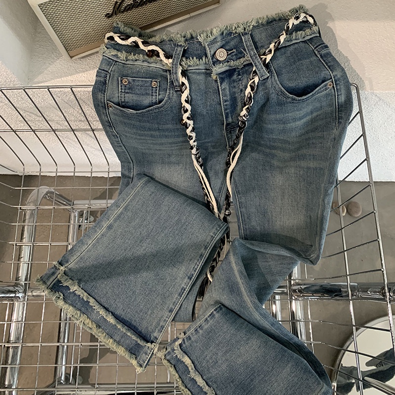 Omalai Washed Raw Edge Slightly Flared Jeans For Women, New Autumn/Winter High-Waisted Slimming Bell-Bottom Pants With_voghion.com
