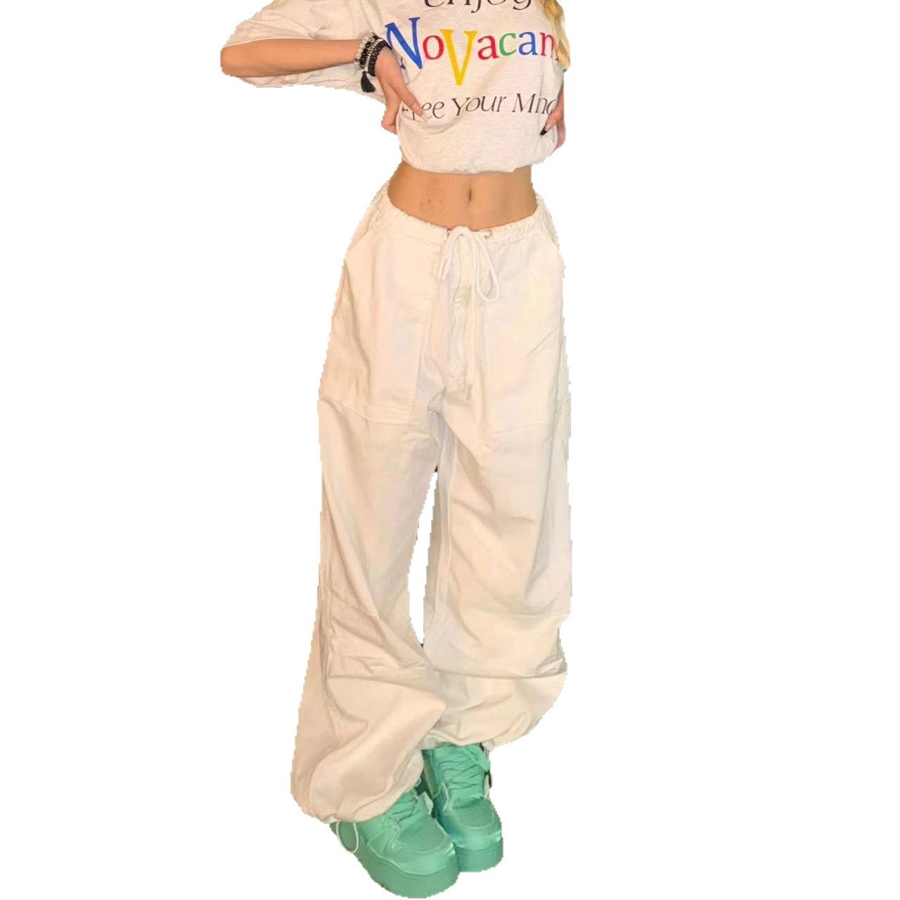 Amerikanische High Street Hip-Hop Cargohose für Damen, sommerlich, niedrige Taille, figurformend, weites Bein, locker, plissiert, gerader Fallschirmstil_voghion.com
