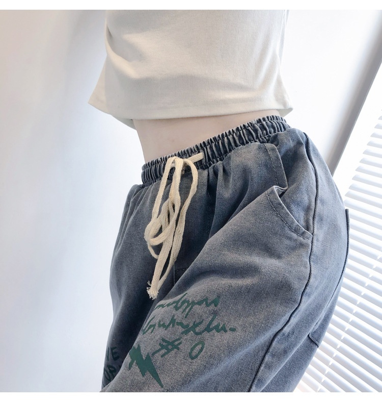 Dam jeans wide-leg graffiti boyfriend stil elastisk midja_voghion.com