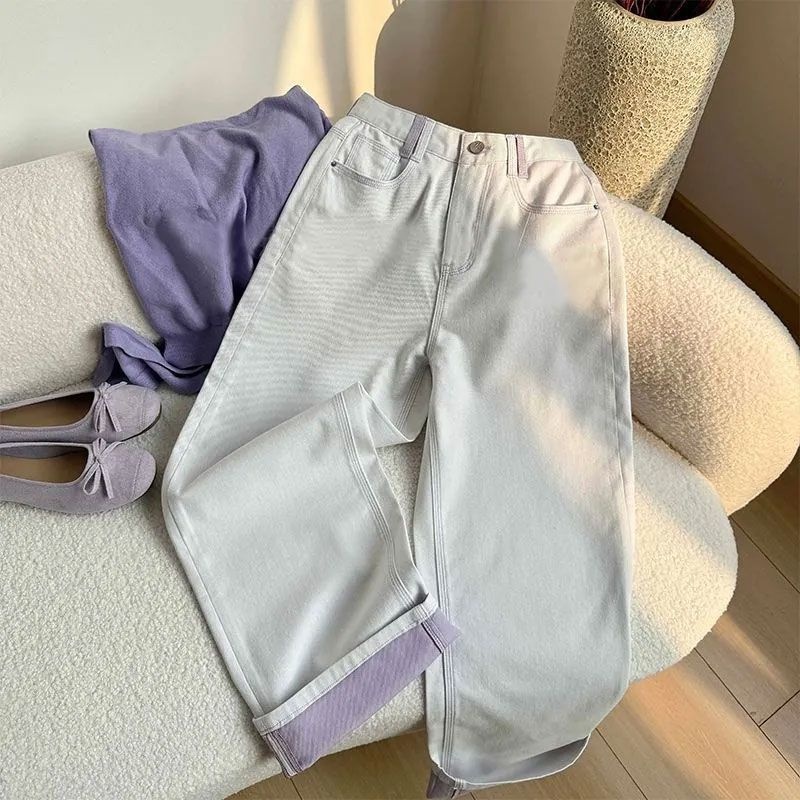 Jeans da donna a gamba dritta in stile coreano, nuovo modello 2025, color-blocking, risvolto, vita alta, vestibilità ampia,_voghion.com