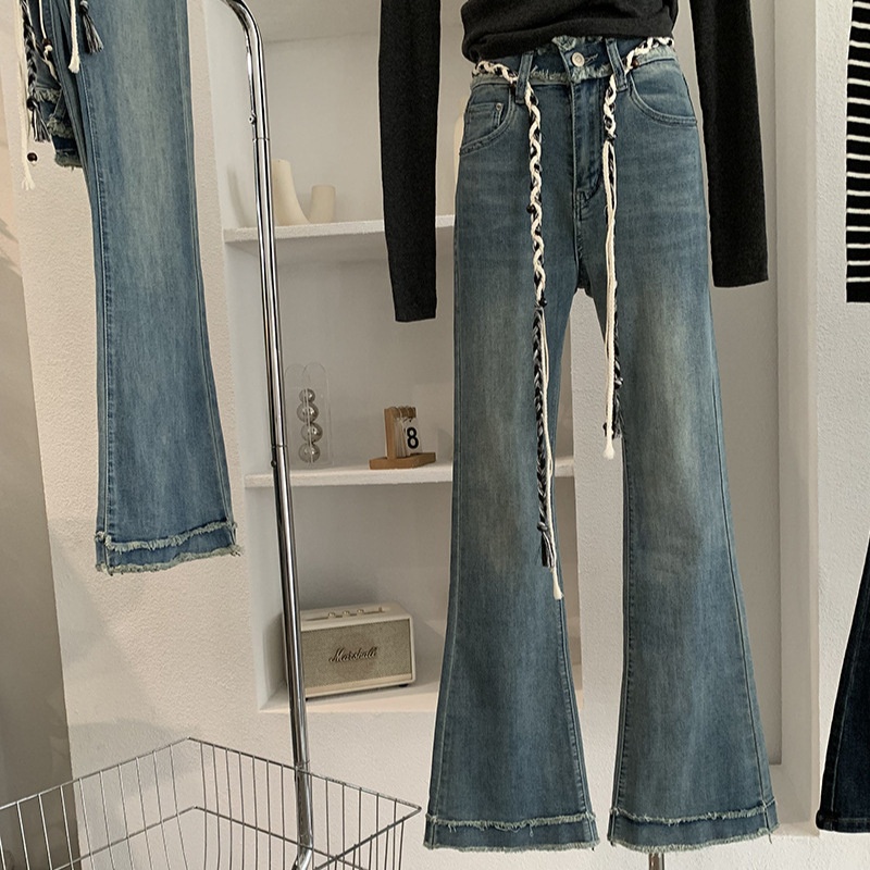 Omalai Washed Raw Edge Slightly Flared Jeans For Women, New Autumn/Winter High-Waisted Slimming Bell-Bottom Pants With_voghion.com