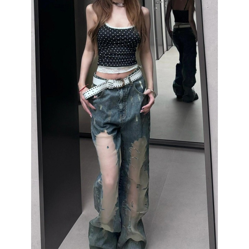 American-style Retro Washed Ripped Jeans For Women, Summer Design With Hollow-out Details And Distressed Texture,_voghion.com