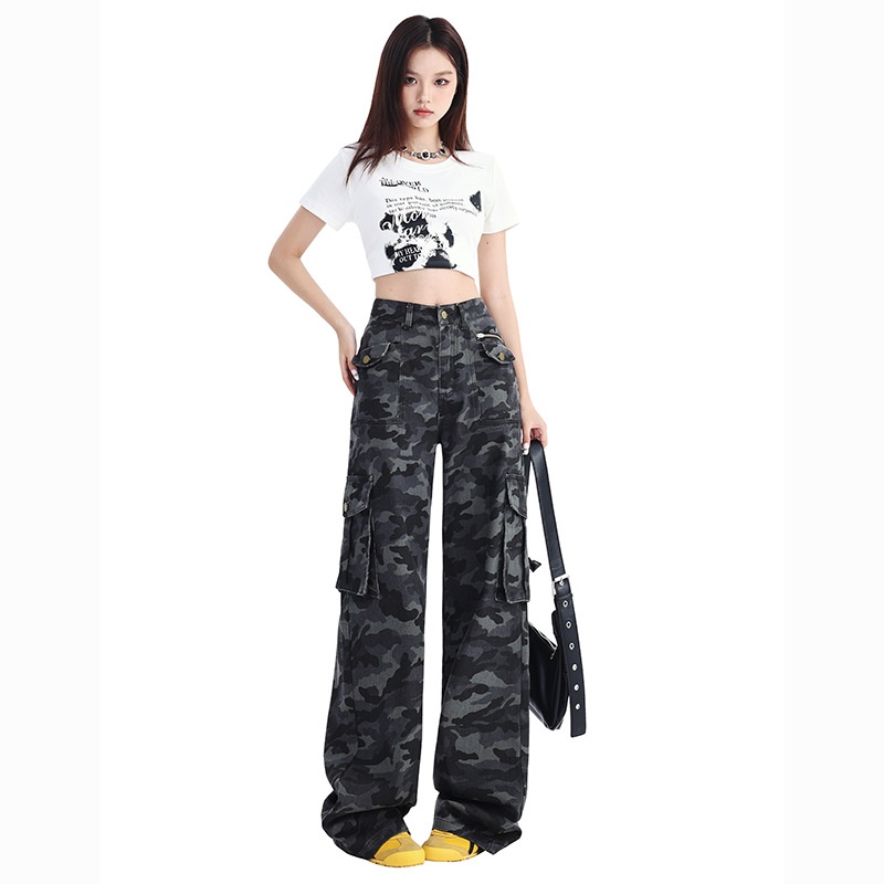 Amerikanischer Stil, witzige Camouflage-Cargohose mit weitem Bein für Damen, Herbst 2024, hochgeschnitten, locker, figurformend, gerader Schnitt_voghion.com