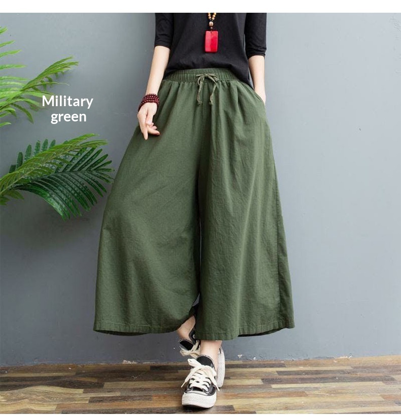Women's Wide Leg Cotton Linen Cropped Capris Casual Summer Pants_voghion.com