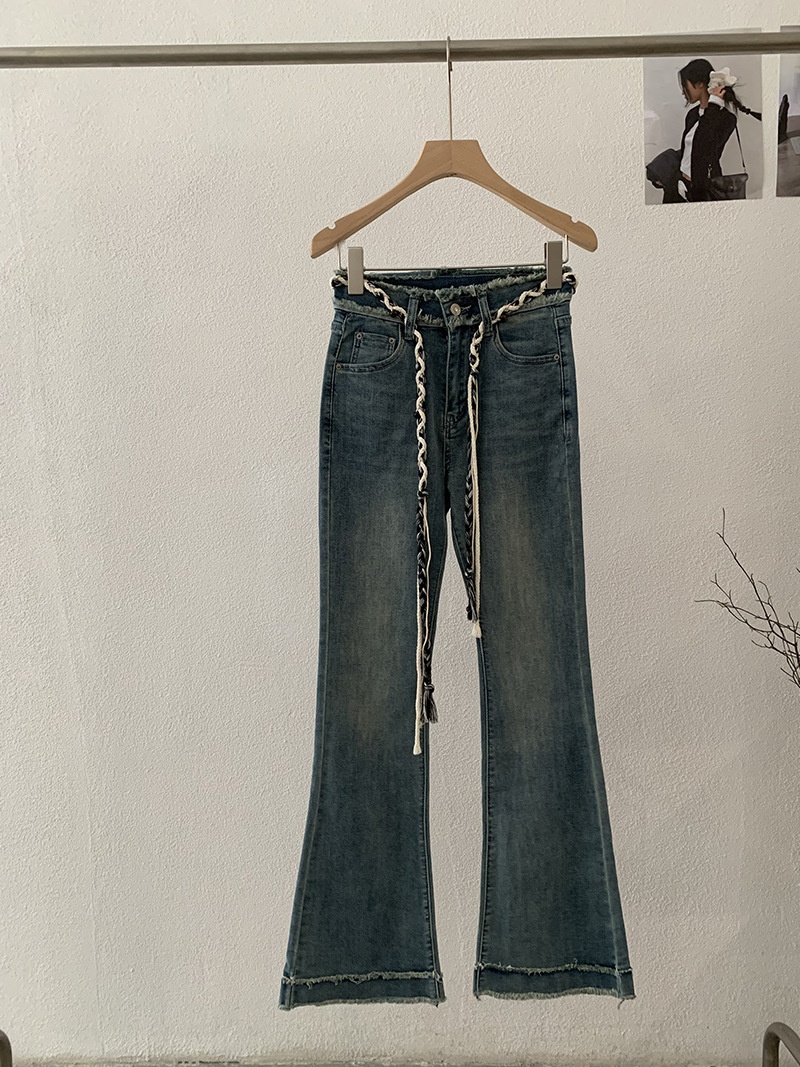 Womens Washed Raw Edge Flared Jeans High Waisted Slimming Trousers_voghion.com