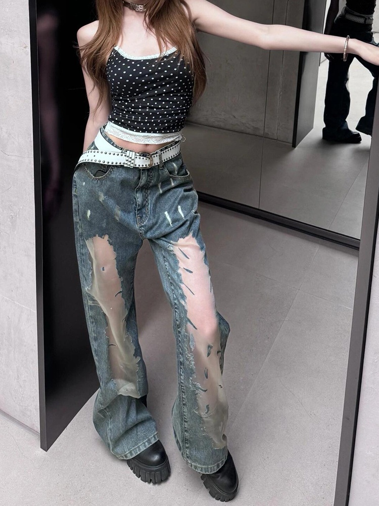 Retro Women's Washed Ripped Jeans With Distressed Hollow Details_voghion.com