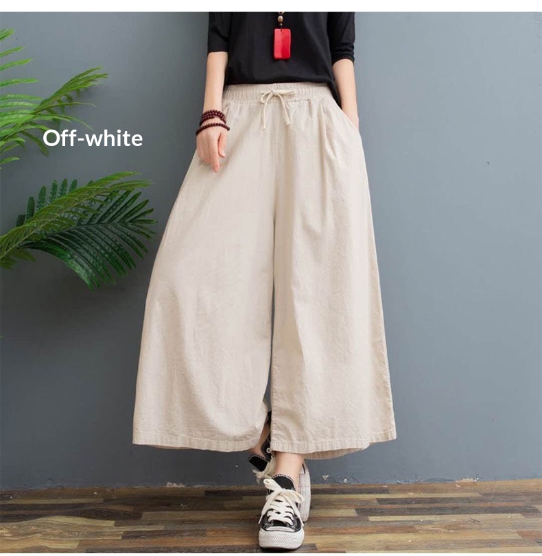 Women's Wide Leg Cotton Linen Cropped Capris Casual Summer Pants_voghion.com