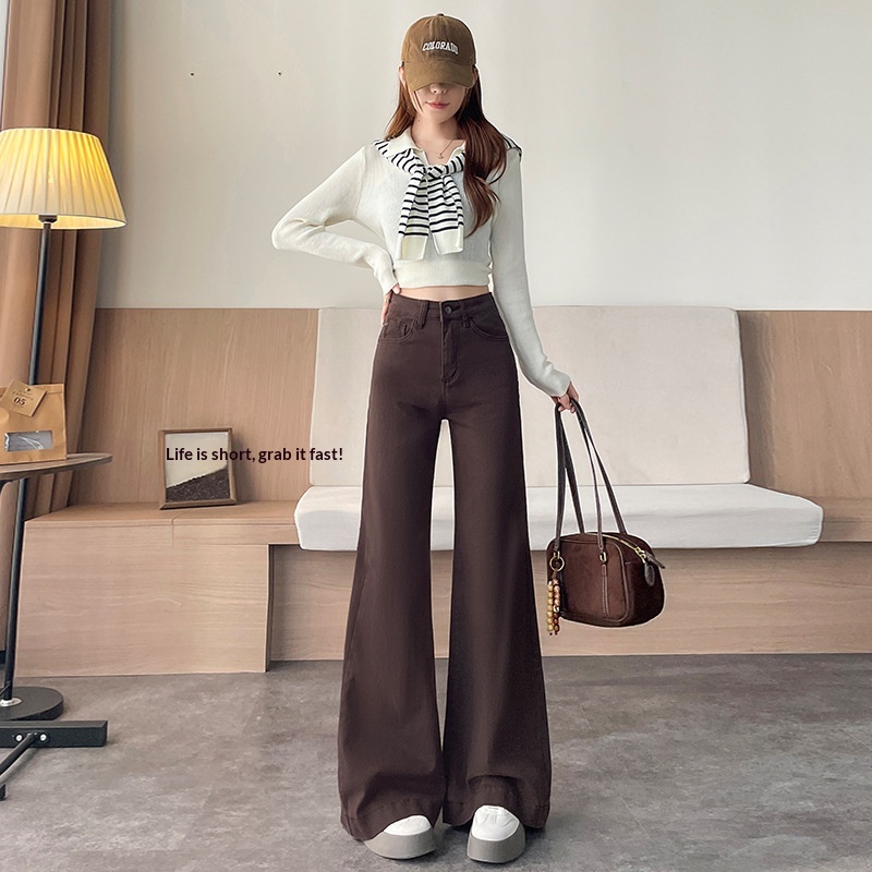 2583 Fleece-lined Bell-bottom Jeans For Women, Autumn And Winter 2025 New Style, Loose Retro Design, Floor-length Pants_voghion.com