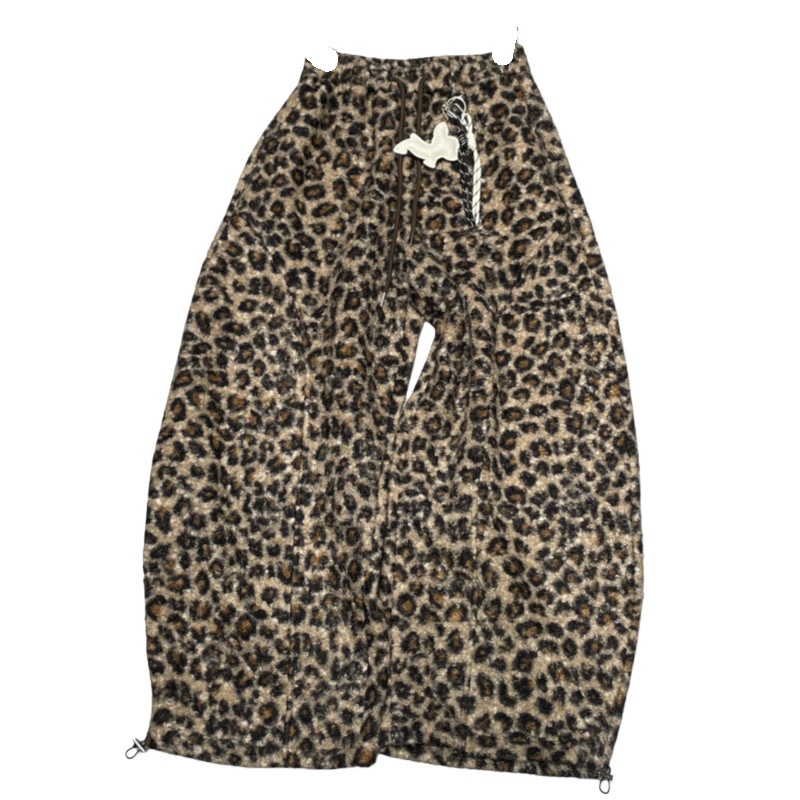 2025 Fall/Winter New Versatile Designer Niche Women's Curved Pants With Elastic Waist, Leopard Print, Loose Wide-Leg_voghion.com