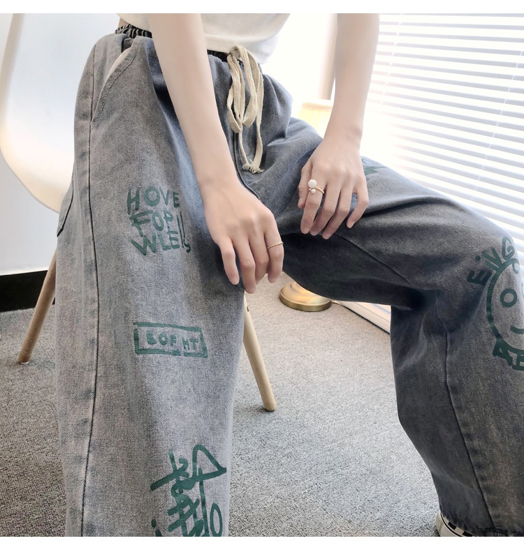 Dam jeans wide-leg graffiti boyfriend stil elastisk midja_voghion.com