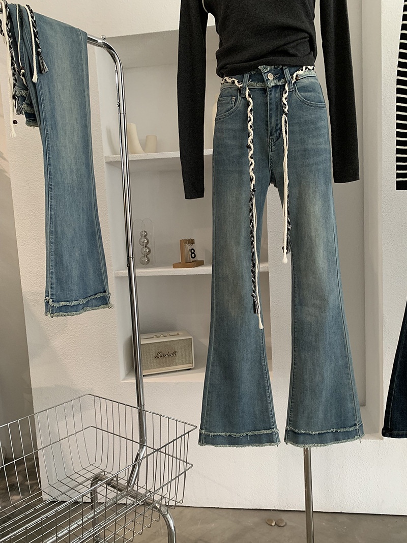 Womens Washed Raw Edge Flared Jeans High Waisted Slimming Trousers_voghion.com