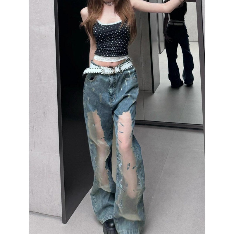 American-style Retro Washed Ripped Jeans For Women, Summer Design With Hollow-out Details And Distressed Texture,_voghion.com