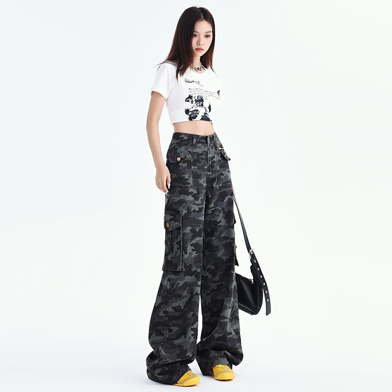 Amerikanischer Stil, witzige Camouflage-Cargohose mit weitem Bein für Damen, Herbst 2024, hochgeschnitten, locker, figurformend, gerader Schnitt_voghion.com