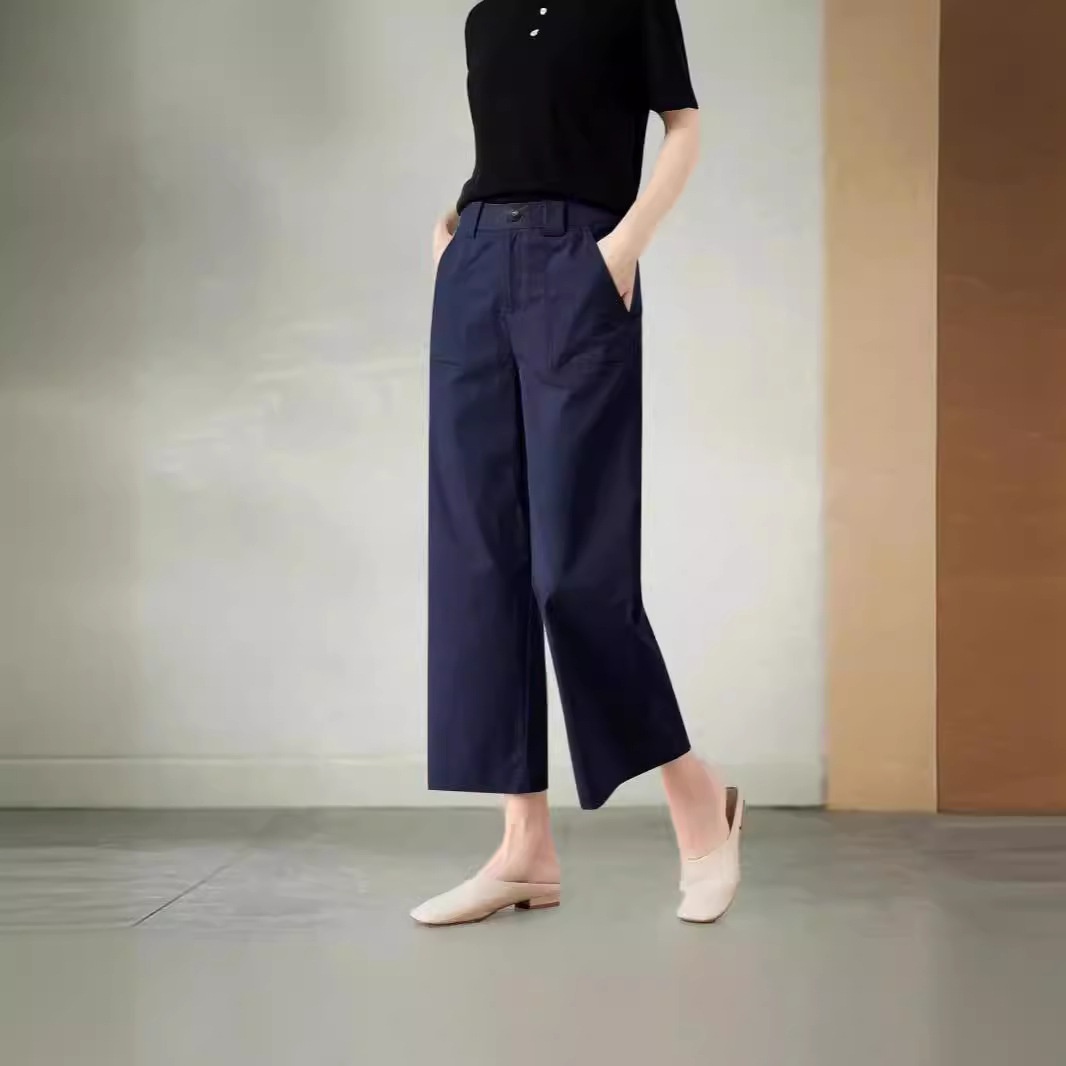 Washed Cotton Casual Workwear Suit For Women, Summer Thin Loose Slimming High-waisted Drapey Cropped Straight Wide-leg_voghion.com