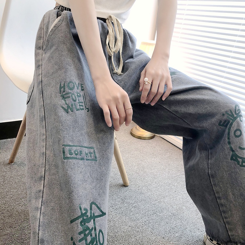 Plus-size Wide-leg Graffiti Jeans For Women, Boyfriend Style, Straight Cut, Elastic Waist, Loose-fit Pants, Trendy_voghion.com