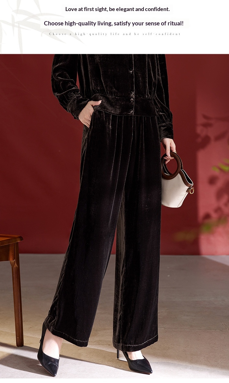 Dames wijdvallende broek van fluweel hoge taille rechte pasvorm_voghion.com