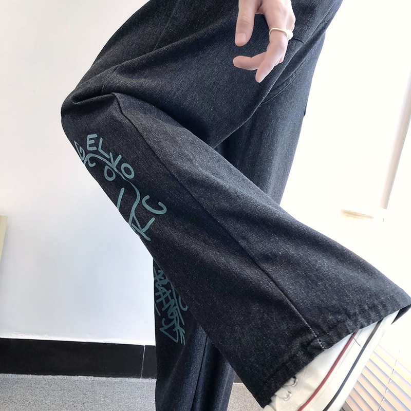 Plus-size Wide-leg Graffiti Jeans For Women, Boyfriend Style, Straight Cut, Elastic Waist, Loose-fit Pants, Trendy_voghion.com