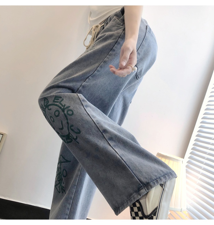 Dam jeans wide-leg graffiti boyfriend stil elastisk midja_voghion.com