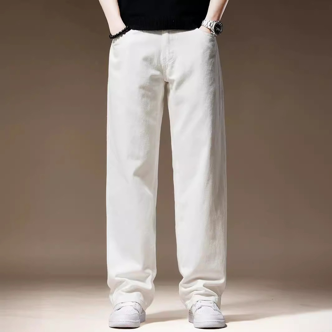 Jeans da uomo in puro cotone bianco, a gamba larga e taglio dritto, nuova collezione autunnale, pantaloni casual semplici e versatili di Clanfit._voghion.com