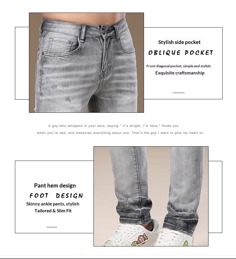 Slim-fit Light Grey Ripped Jeans For Men Stretchy Washed Denim_voghion.com