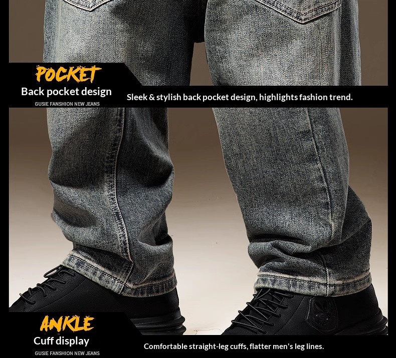 Herr vintage stentvättade jeans med fleecefoder rak passform_voghion.com