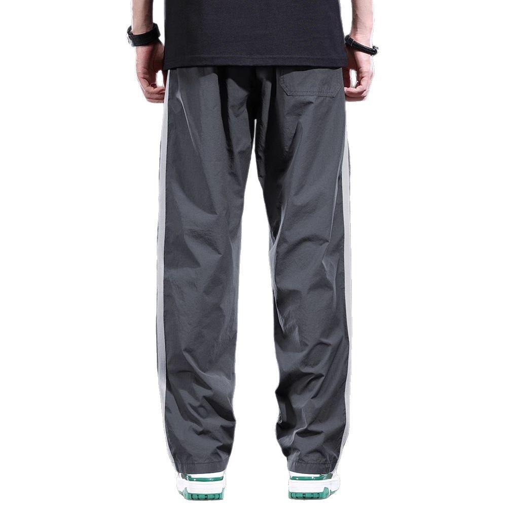 Men's Gray Casual Summer Thin Loose Straight Pants, 2026 New Striped High Street Trendy Drawstring Long Pants_voghion.com