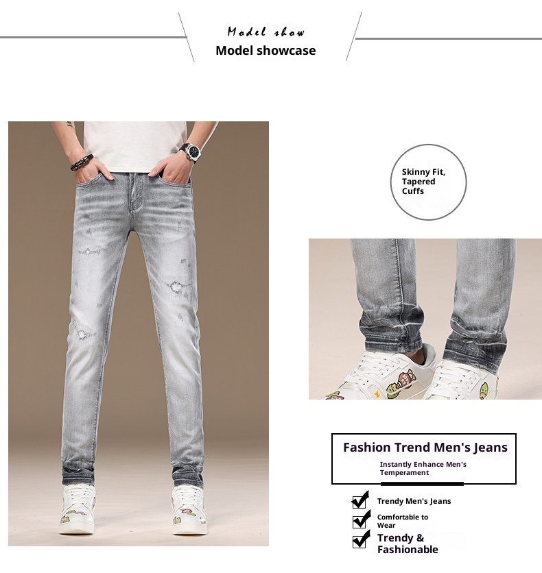 Slim-fit Light Grey Ripped Jeans For Men Stretchy Washed Denim_voghion.com