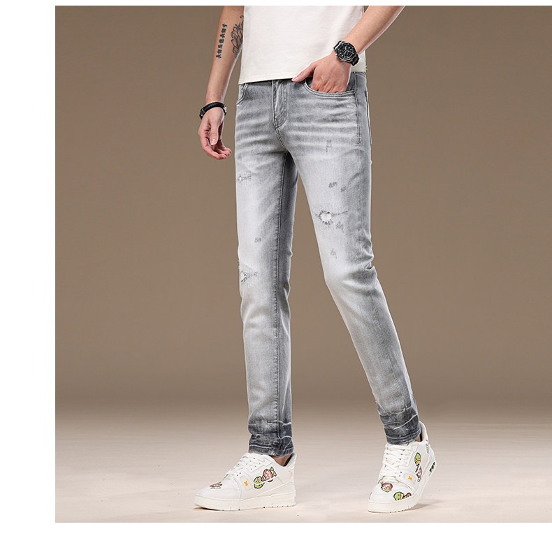 Slim-fit Light Grey Ripped Jeans For Men Stretchy Washed Denim_voghion.com