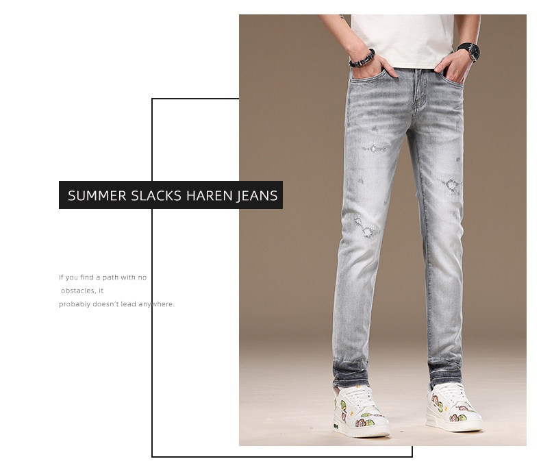 Slim-fit Light Grey Ripped Jeans For Men Stretchy Washed Denim_voghion.com